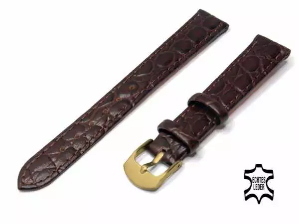 12 mm Uhrenarmband Echt Leder Dunkelbraun Alligatoroptik Superflach, vergoldete Schließe