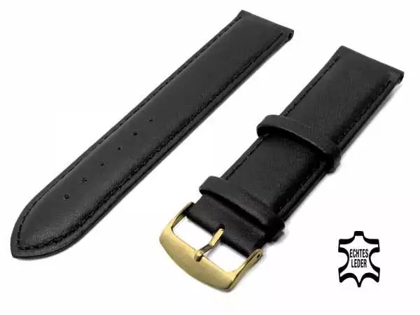 Uhrenarmband Leder 24 mm Schwarz Echt Kalb Ziernaht Ton in Ton, vergoldete Schließe