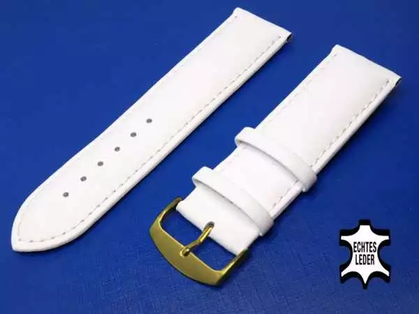 Uhrenarmband Leder 24 mm Weiß Echt Kalb Ziernaht Ton in Ton, vergoldete Schließe