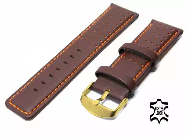 Uhrenarmband Leder 24 mm Braun, Orange Ziernaht, sportliches Lochmuster, vergoldete Schließe