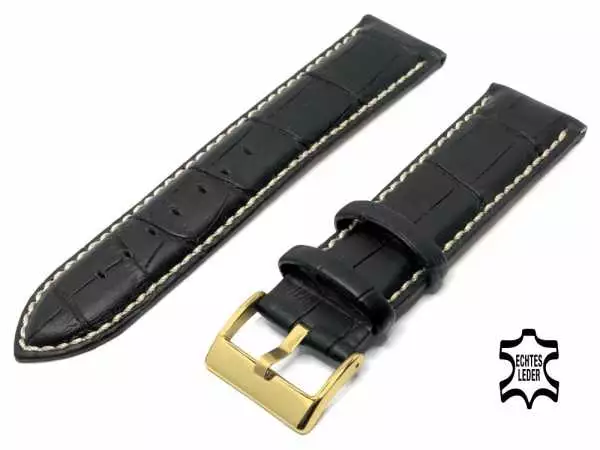 Uhrenarmband 24 mm Schwarz Louisiana Alligator-Optik, vergoldete Schließe