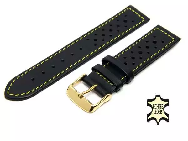 22 mm Leder Uhrenarmband Softleder Lochmuster schwarz, gelbe Ziernaht, vergoldete Schließe