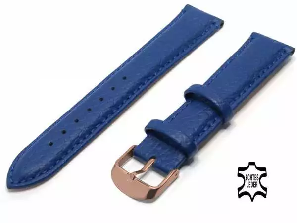 20 mm Uhrenarmband Echt Stier Leder Königsblau, Ziernaht Ton in Ton, Rosegold Edelstahl-Dornschließe