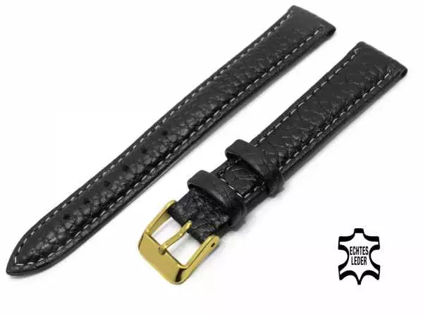Uhrenarmband Stier Leder 16 mm Schwarz vergoldete Schließe