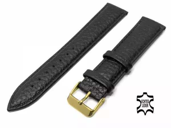 18 mm Uhrenarmband Echt Büffel Leder Schwarz genarbt, vergoldete Schließe