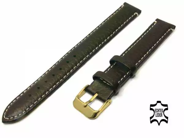 XL Überlänge UHRENARMBAND 16 mm Echt Stier Leder Dunkelbraun, vergoldete Schließe