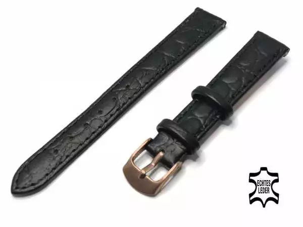 12 mm Uhrenarmband Echt Leder Schwarz Kroko-Optik, Rosegold Edelstahl-Schließe