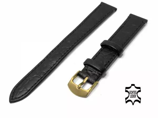 16 mm Uhrenarmband Echt Leder Schwarz Alligatoroptik, vergoldete Schließe