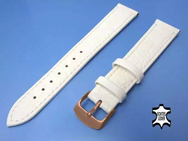 16 mm Uhrenarmband Echt Leder Weiß Krokooptik Superflach, Rosegold Edelstahl-Dornschließe
