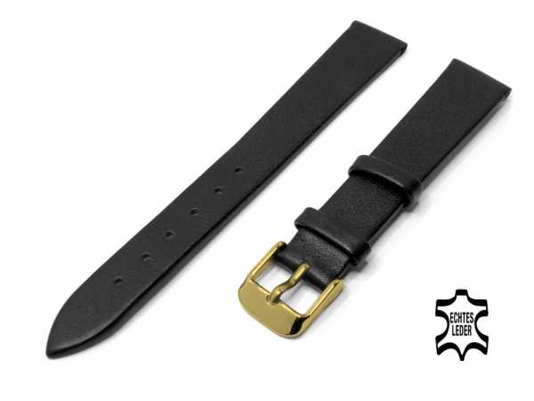 12 mm Uhrenarmband Schwarz Kalbsnappa ohne Naht, vergoldete Schließe