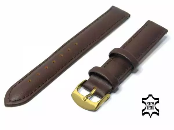 Uhrenarmband Leder 16 mm Dunkelbraun Echt Kalb Ziernaht Ton in Ton, vergoldete Schließe