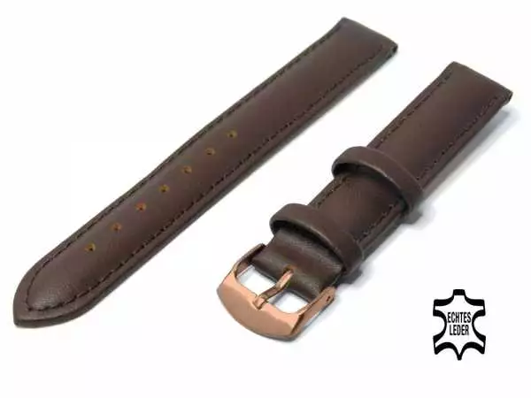 Uhrenarmband Leder 16 mm Dunkelbraun Echt Kalb Ziernaht Ton in Ton, Rosegoldfarbige Schließe
