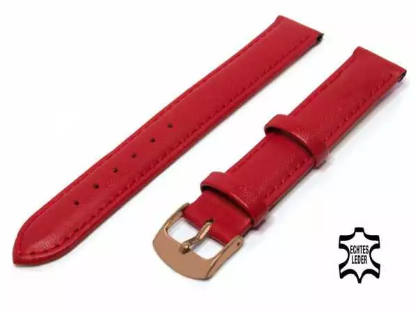 Uhrenarmband Leder 16 mm Rot Echt Kalb Ziernaht Ton in Ton, Rosegold vergoldete Schließe