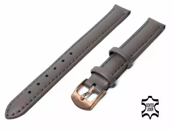 Uhrenarmband Leder 12 mm Grau Echt Kalb Ziernaht Ton in Ton, Rosegoldfarbige Schließe