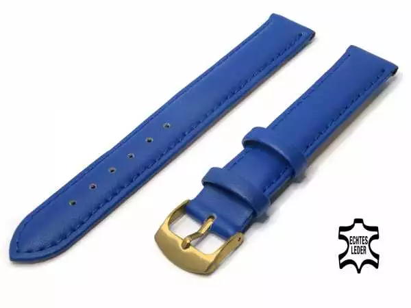 Uhrenarmband Leder 16 mm Königsblau Echt Kalb Ziernaht Ton in Ton, vergoldete Schließe