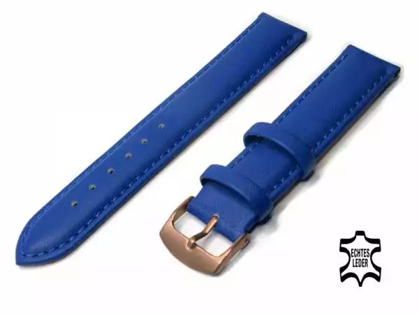 Uhrenarmband Leder 18 mm Königsblau Echt Kalb Ziernaht Ton in Ton, Rosegold vergoldete Schließe