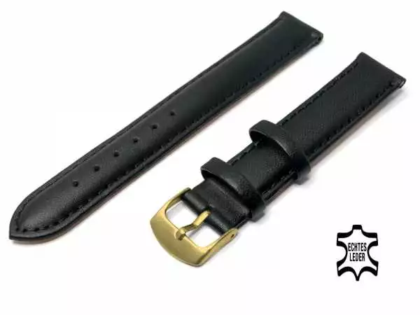 Uhrenarmband Leder 16 mm Schwarz Kalbsnappa-Leder Ziernaht Ton in Ton, vergoldete Schließe