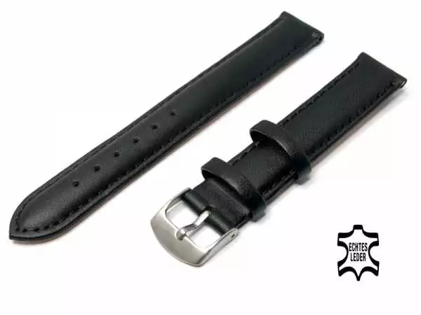 Uhrenarmband Leder 16 mm Schwarz Kalbsnappa-Leder Ziernaht Ton in Ton