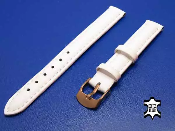 Uhrenarmband Leder 12 mm Weiß Echt Kalb Ziernaht Ton in Ton, Rosegoldfarbige Schließe