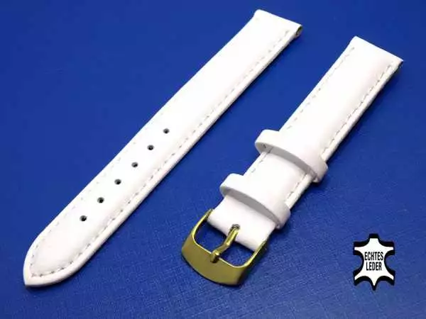 Uhrenarmband Leder 18 mm Weiß Echt Kalb Ziernaht Ton in Ton, vergoldete Schließe