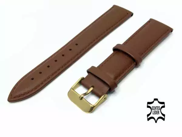 Uhrenarmband Leder 18 mm Braun Echt Kalb Ziernaht Ton in Ton, vergoldete Schließe