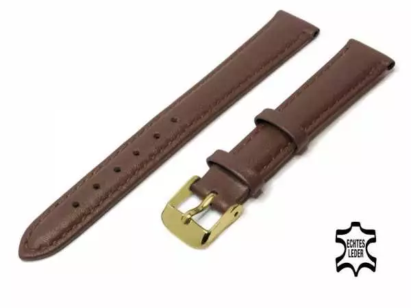 Uhrenarmband Leder 12 mm Dunkelbraun Echt Kalb Ziernaht Ton in Ton, vergoldete Schließe