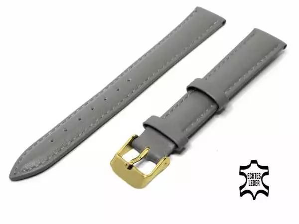 Uhrenarmband Leder 16 mm Grau Echt Kalb Ziernaht Ton in Ton, vergoldete Schließe