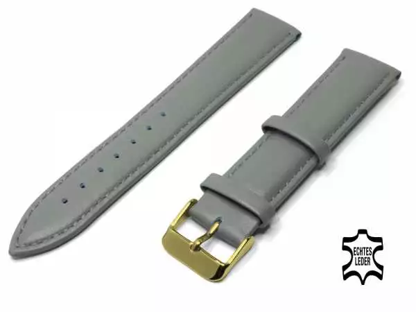 Uhrenarmband Leder 18 mm GRAU Echt Kalb Ziernaht Ton in Ton, vergoldete Schließe