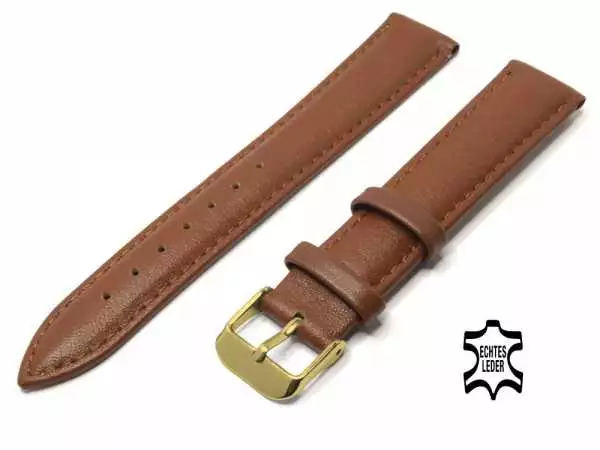 Uhrenarmband Leder 18 mm Hellbraun Echt Kalb Ziernaht Ton in Ton, vergoldete Schließe