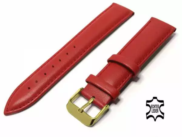 Uhrenarmband Leder 20 mm Rot Echt Kalb Ziernaht Ton in Ton, vergoldete Schließe