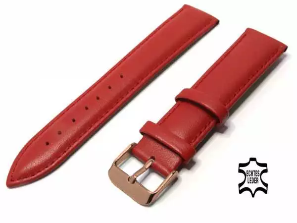 Uhrenarmband Leder 20 mm Rot Echt Kalb Ziernaht Ton in Ton, Rosegold vergoldete Schließe