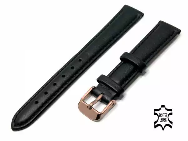 Uhrenarmband Leder 12 mm Schwarz Echt Kalb Ziernaht Ton in Ton, Rosegoldfarbige Schließe