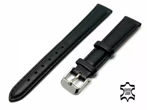 Uhrenarmband Leder 12 mm Schwarz Echt Kalb Ziernaht Ton in Ton