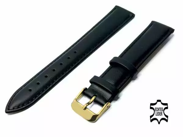 Uhrenarmband Leder 18 mm Schwarz Echt Kalb Ziernaht Ton in Ton, vergoldete Schließe