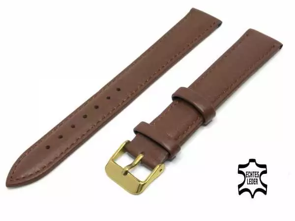 XL Länge Überlänge Uhrenarmband 18 mm Kalbsleder Dunkelbraun Ziernaht, vergoldete Schließe