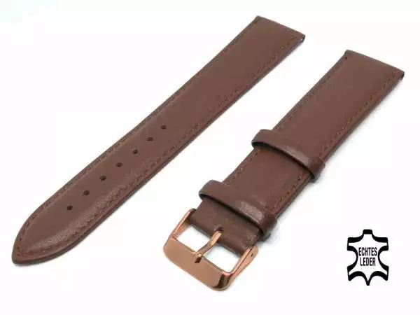 XL Länge Überlänge Uhrenarmband 24 mm Kalbsleder Dunkelbraun Ziernaht, Rosegold Stahlschließe