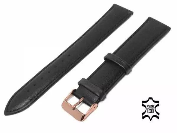 XL Länge Überlänge Uhrenarmband 18 mm Kalbsleder Schwarz mit Ziernaht, Rosegold Edelstahl-Schließe