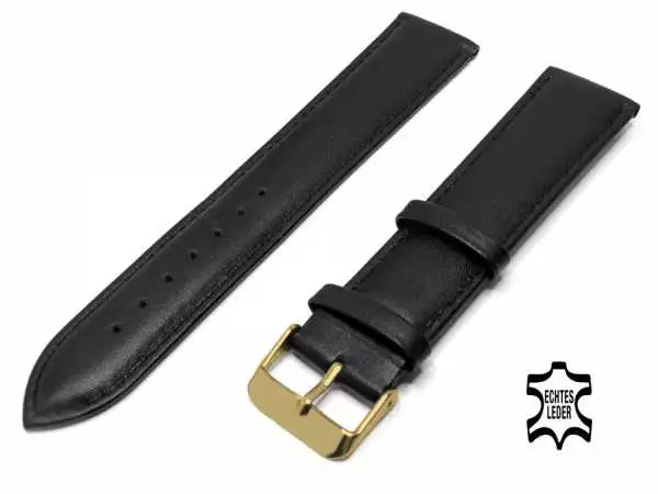 XL Länge Überlänge Uhrenarmband 24 mm Kalbsleder Schwarz mit Ziernaht, vergoldete Schließe
