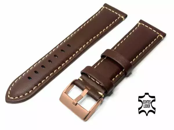 Uhrenarmband Echt Leder 24 mm dunkelbraun mit Ziernaht, Rosegold Edelstahlschließe