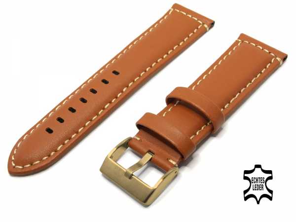 Uhrenarmband Echt Leder 24 mm hellbraun mit Ziernaht, vergoldete Schließe