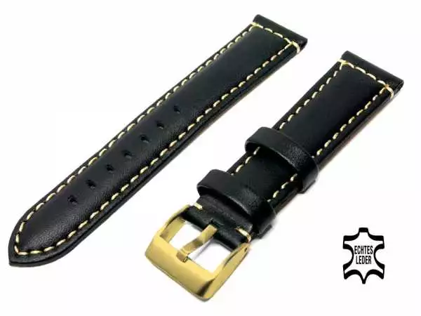 Uhrenarmband Echt Leder 20 mm schwarz mit Ziernaht, vergoldete Schließe