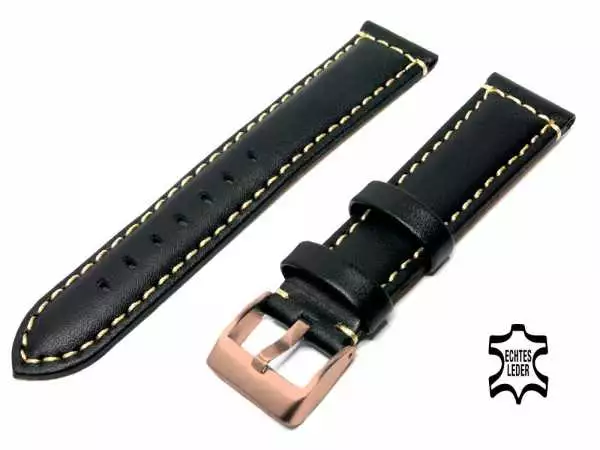 Uhrenarmband Echt Leder 24 mm Schwarz mit Ziernaht, Rosegold Edelstahl-Dornschließe