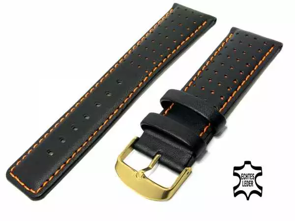 Uhrenarmband Leder 24 mm Schwarz, Orange Ziernaht, sportliches Lochmuster, vergoldete Schließe