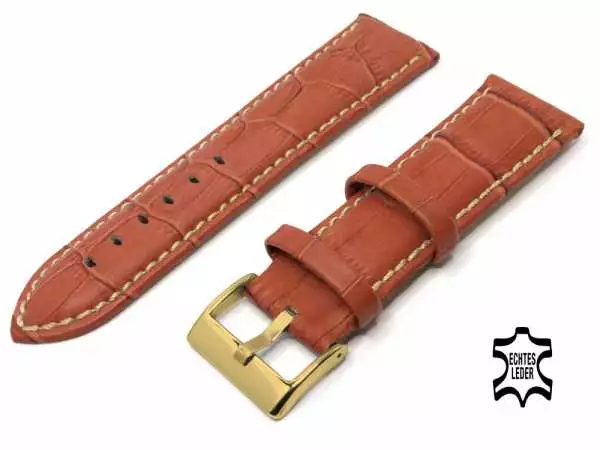 Uhrenarmband Leder 24 mm Herren LOUISIANA Prägung Mittelbraun Ziernaht, vergoldete Schließe