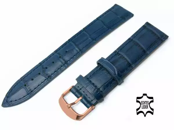 XL Länge Uhrenarmband Leder 22 mm Marineblau Alligator Prägung, Rosegold vergoldete Schließe