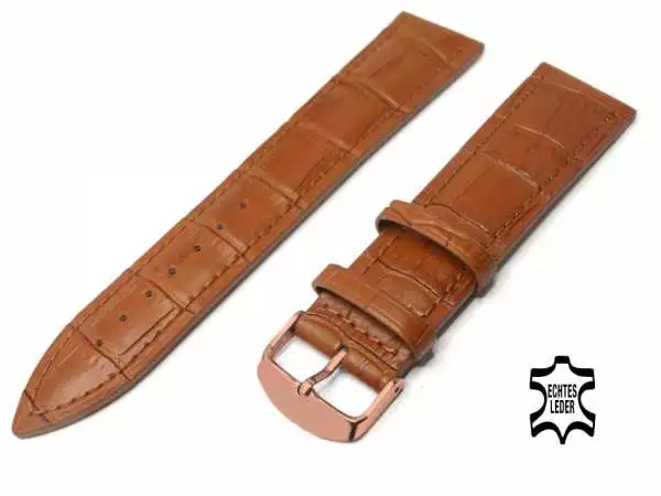 XL Länge Uhrenarmband Leder 18 mm Hellbraun Alligator Prägung, Rosegold vergoldete Schließe