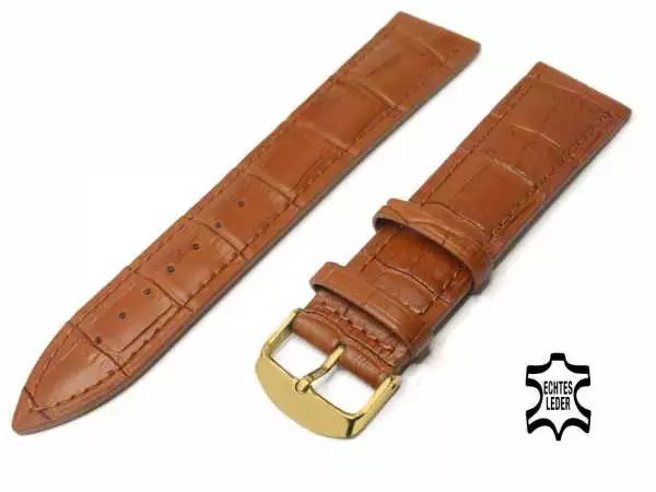 XL Länge Uhrenarmband Leder 24 mm Hellbraun Alligator Prägung, vergoldete Schließe