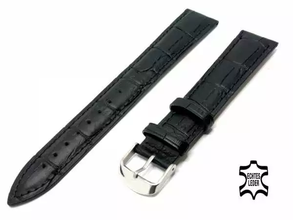 XL Länge Uhrenarmband Leder 20 mm Schwarz Alligator Prägung