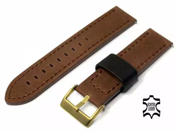 20 mm Premium Herren-Uhrenarmband Vollrindleder schwarze Schlaufe, vergoldet
