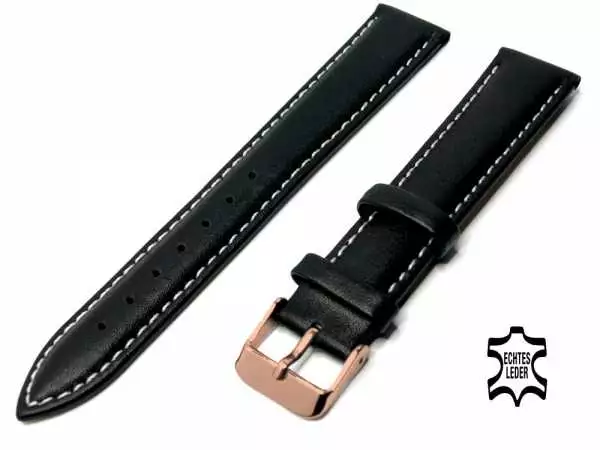 Uhrenarmband Leder 18 mm Schwarz Feines Kalbleder weisse Stepp-Ziernaht, Rosegoldfarbige Schließe